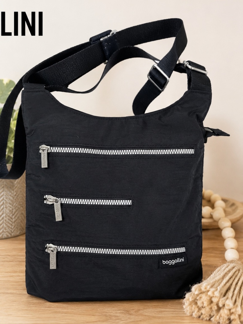 Baggallini Black Nylon Crossbody with Triple Silver Zippers